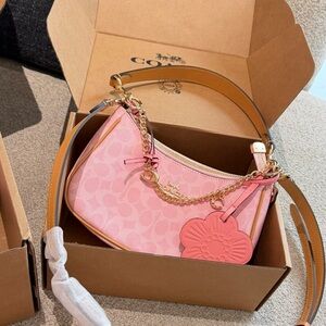Coach Teri Shoulder Bag Signature Canvas With Charms Gold/Powder Pink CEA20 NWT